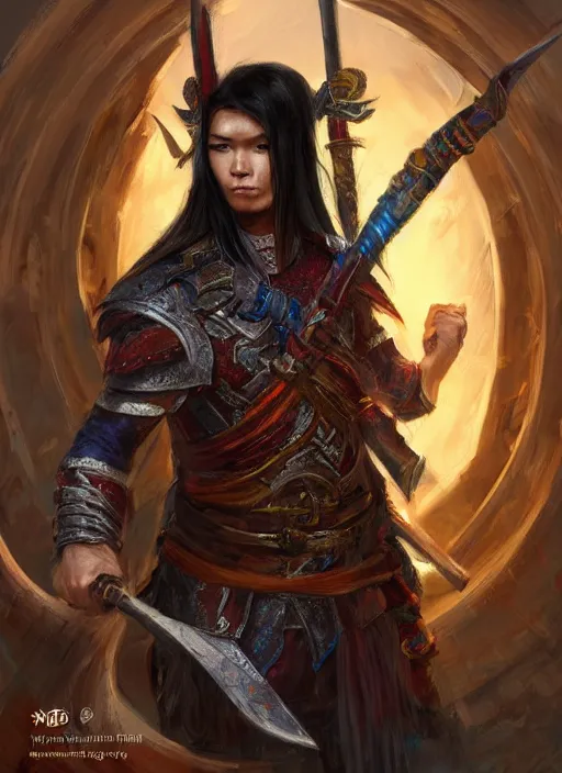 Image similar to chinese warrior hair curtains, looking down, dndbeyond, bright, colourful, realistic, dnd character portrait, full body, pathfinder, pinterest, art by ralph horsley, dnd, rpg, lotr game design fanart by concept art, behance hd, artstation, deviantart, hdr render in unreal engine 5