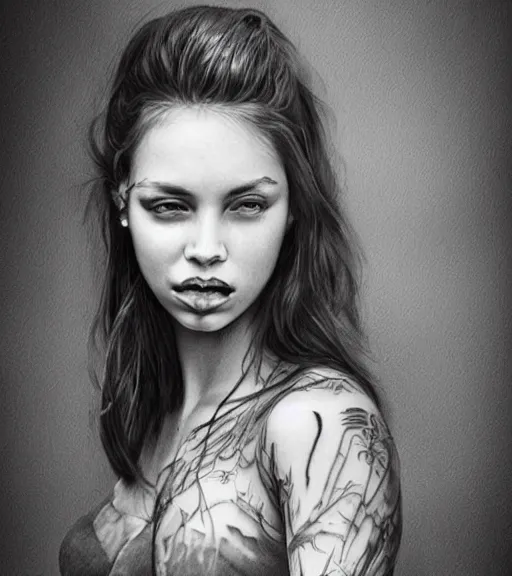 Image similar to a beautiful girl portrait, faded mountain background, realism tattoo, in the style of den yakovlev, black and white, hyper realistic, highly detailed