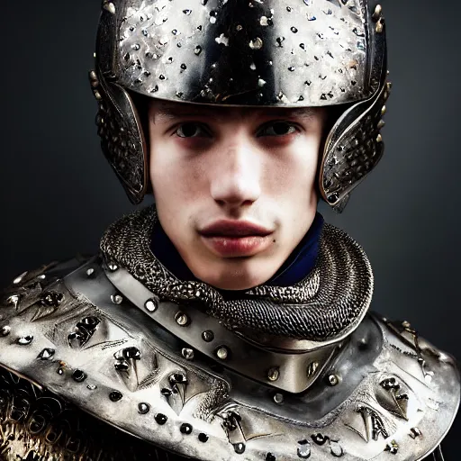 Image similar to a portrait of a beautiful young french male wearing an alexander mcqueen armor , photographed by andrew thomas huang, artistic