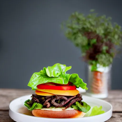 Prompt: hamburger made with earthworms that fall into the plate