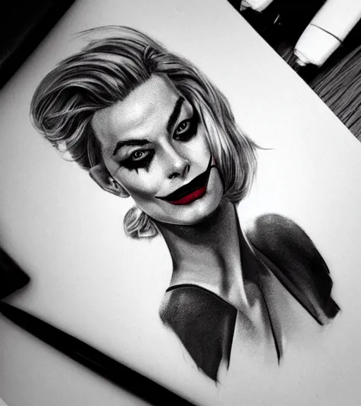 Image similar to tattoo design sketch of beautiful margot robbie portrait with joker makeup, holding an ace card, in the style of den yakovlev, realistic face, black and white, realism tattoo, hyper realistic, highly detailed