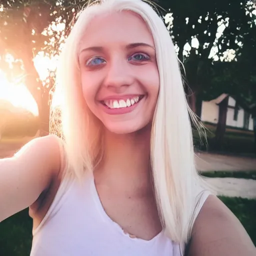 Image similar to beautiful selfie of a cute thin young woman smiling smugly, long light platinum blonde hair, flushed face, small heart - shaped face, cute freckles, light blue eyes, golden hour, 8 k, instagram