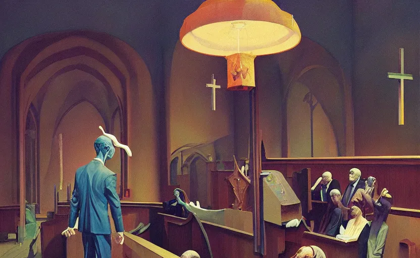 Prompt: funeral at church,highly detailed, very coherent, painted by Francis Bacon and Edward Hopper, Wayne Barlowe, painted by James Gilleard, surrealism, airbrush, art by JamesJean