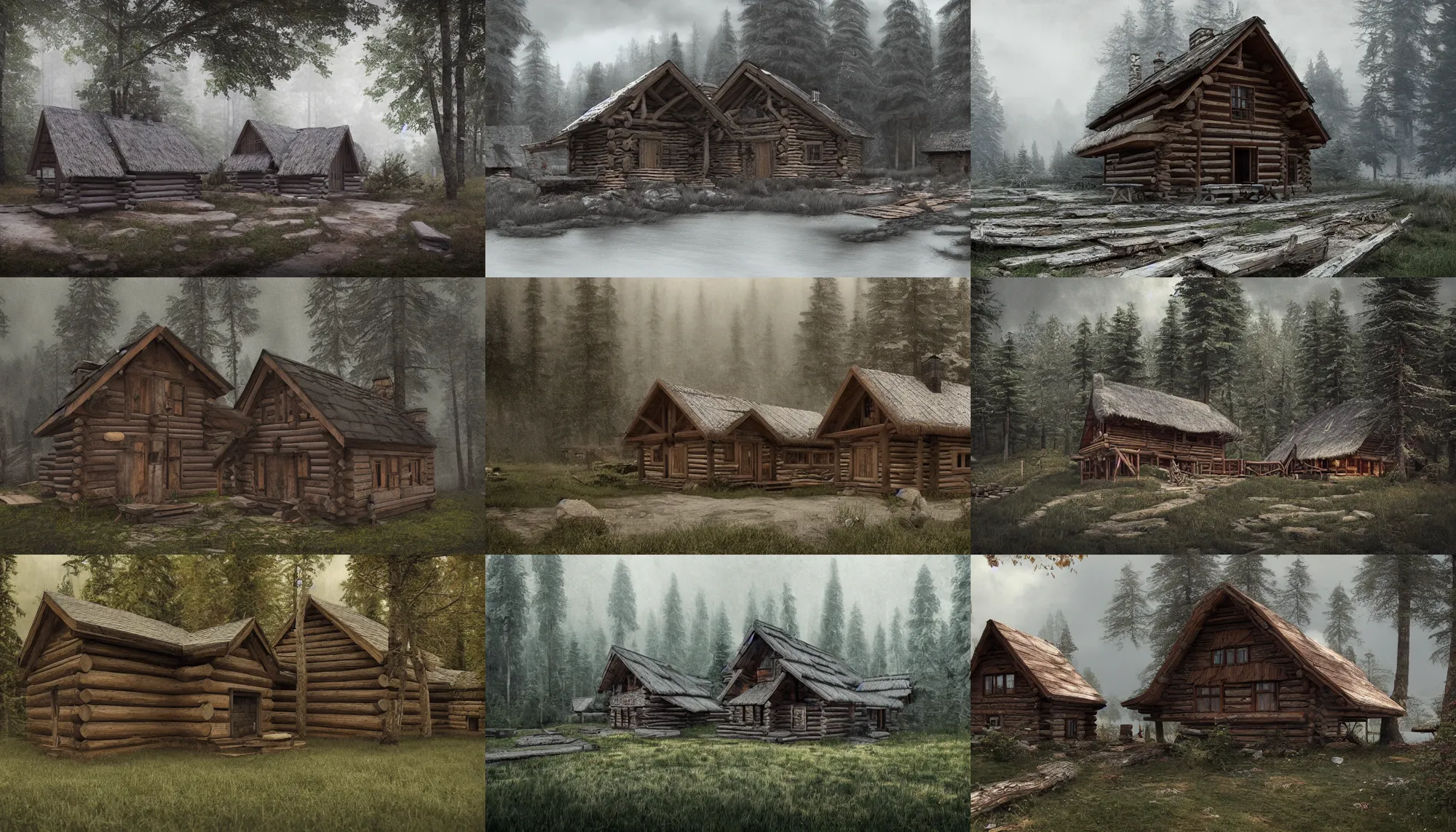 Prompt: proto - slavic wooden village palisaded, log house, build in a forest near of a lake, grey sky, hyperdetailed, artstation, cgsociety, 8 k