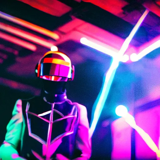 Image similar to daft punk djing at a huge rave with lots of people, chromatic aberration, 8 0 s film, bokeh depth of field