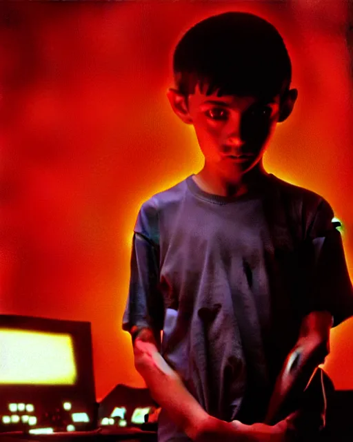 Prompt: 8k professional photo of an 8 years old enlightened and scared boy standing in front of an old computer from 90s with a game doom2 at the monitor screen, still from a movie by Gaspar Noe and James Cameron