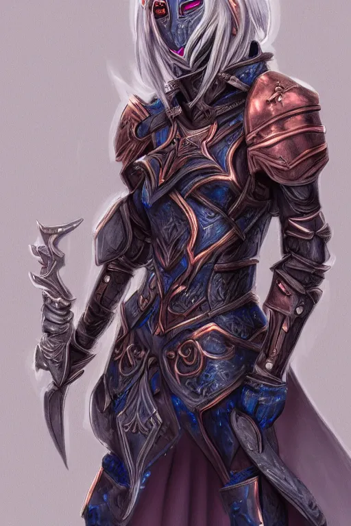 Prompt: a drow wearing copper armour, highly detailed, digital art, sharp focus, trending on art station, d & d, anime art style