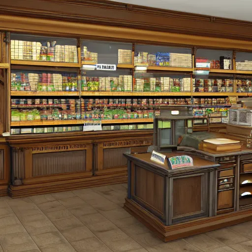 Image similar to the inside of a 1 9 2 8 grocery store with a national cash register from 1 9 0 4 on the desk. hyper - realistic, realistic color 3 d render