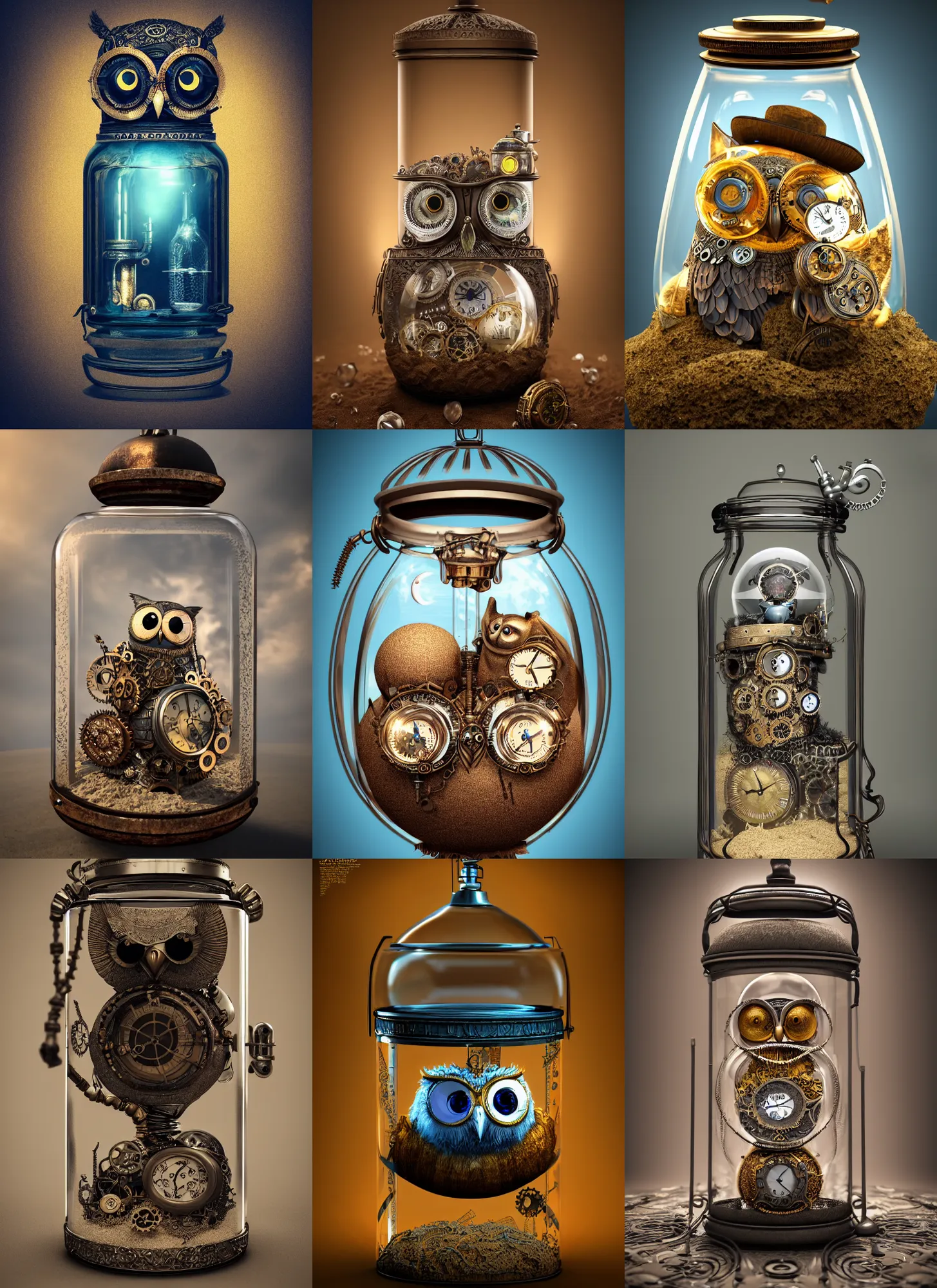 Prompt: steampunk owl inside a glass jar buried in sand, hourglass, intricate detail, hyper detailed, ultra realistic, sharp focus, octane render, lantern, artstation trending, moon, pocketwatch, cgsociety, sense of awe, swirling mist, mystical, blue moon, 4 k