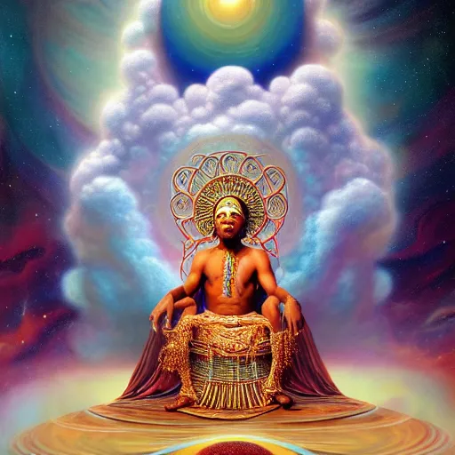 Prompt: obatala the cosmic god sitting on a throne of nebula clouds, by Adi granov and thomas blackshear and afarin sajedi in a psychedelic portrait style, matte painting, volumetric lighting, piercing eyes, detailed face, orisha, 8k, hd