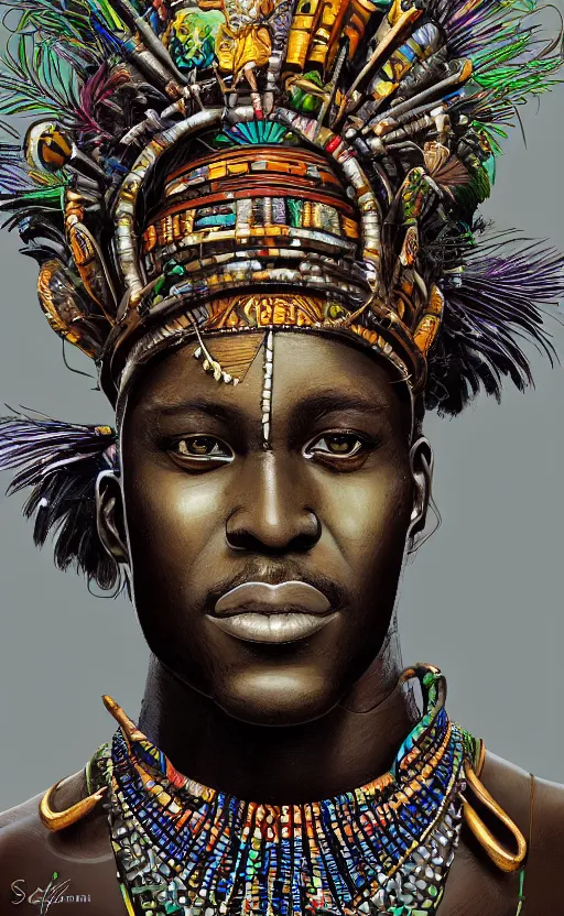 Image similar to upper half portrait of retro futuristic african tribal chief - embellished with vegetation and iridescent crystals, art by stanley artgem lau, highly detailed, digital painting, concept art, illustration, smooth sharp focus, intricate, symmetry, artstation, colourful,