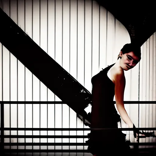 Image similar to girl in a black dress leaning against a bridge rail, chromatic aberration, glitch art,