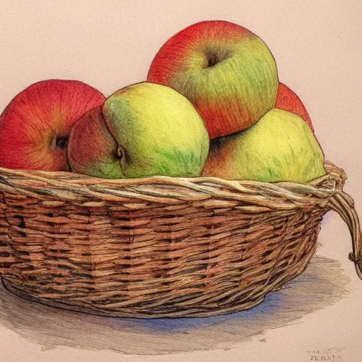 Image similar to a painting of a basket of apples and a can of yogurt, a still life by Beatrix Potter, featured on deviantart, naive art, storybook illustration, watercolor, photoillustration