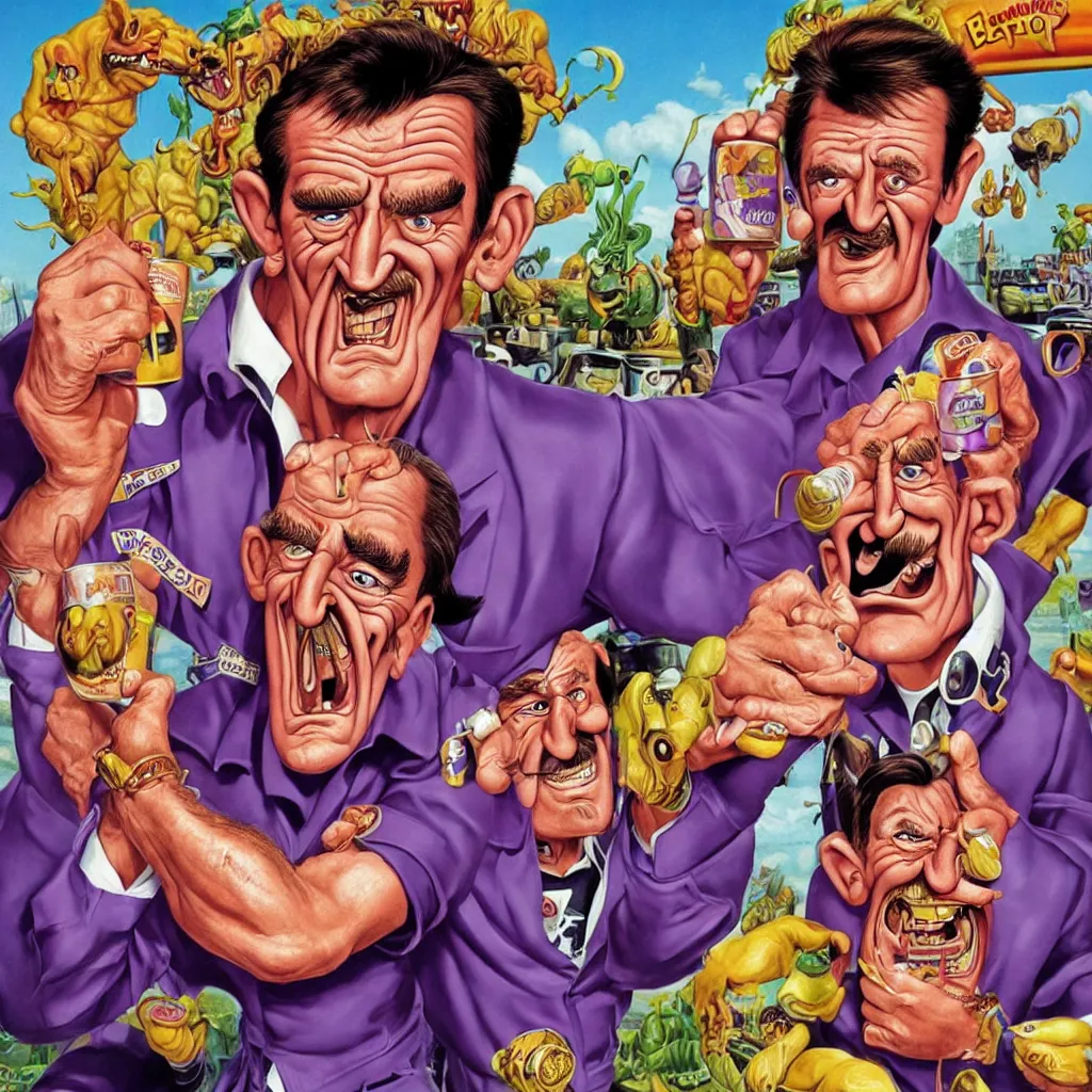 Image similar to promotional art for the movie'unless you hate bullruns ', barry chuckle preparing a batch of purple oil drink, hyperreal detailed facial features and uv lighting, art by ed roth and basil wolverton