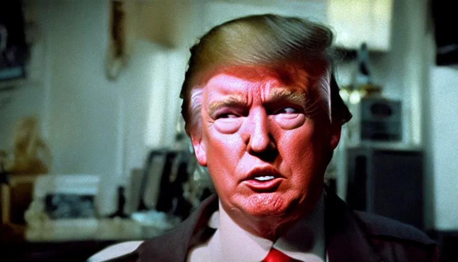 Image similar to 7 0 s film still from a horror movie starring donald trump, kodachrome, cinecolor, cinestill, film grain, film texture, retro, cinematic, high resolution, photorealism,