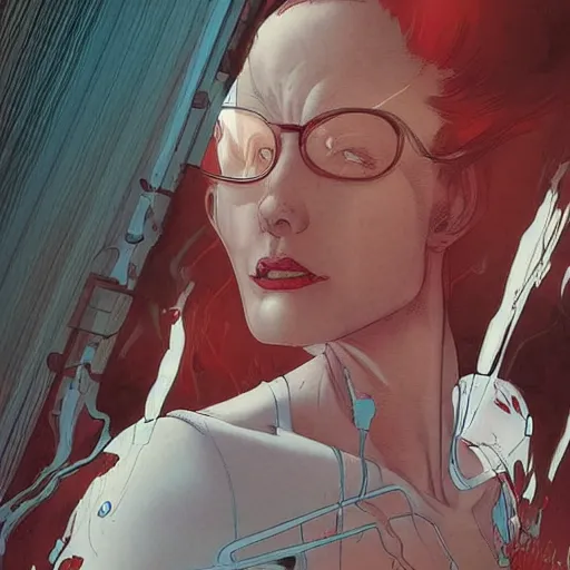 Prompt: a beautiful comic book illustration of a red-headed woman with white shirt in a laboratory by Jerome Opeña, featured on artstation