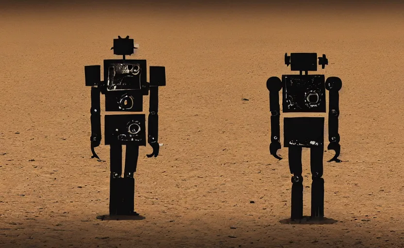 Prompt: a robot made out of vintage televisions, walking through the desert, desperate looking for water, digital art