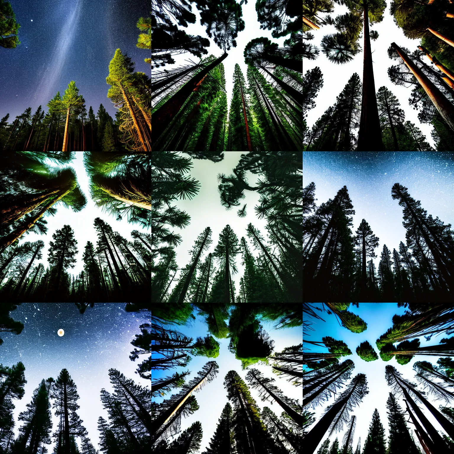Prompt: a landscape photograph of very tall pine trees in a forest, midnight, saturn in the sky, landscape photography, dramatic lighting, wide aperture