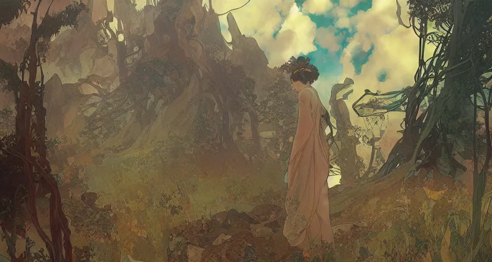 Prompt: A beautiful landscape painting of dystopian future by Alfons Maria Mucha and junji ito and Makoto Shinkai