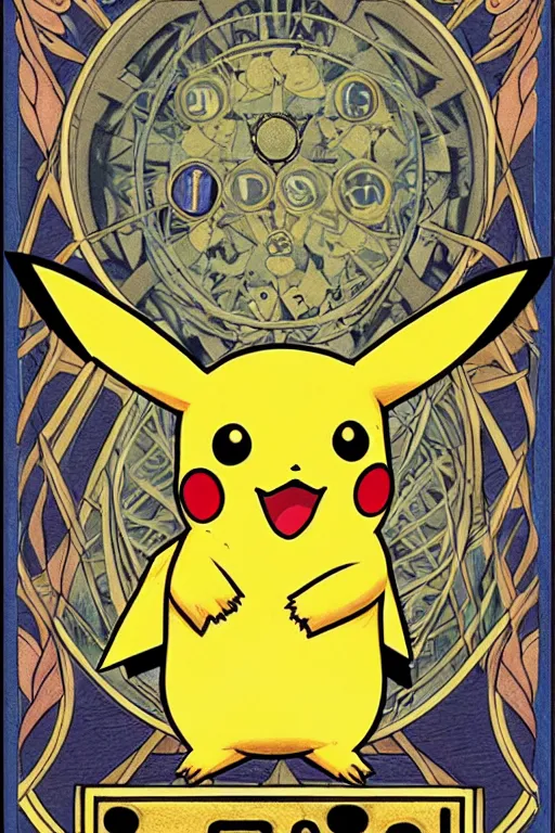 Image similar to Pikachu tarot card, art nouveau style, trending on artstation