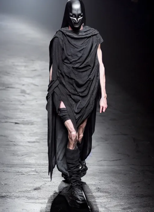 Image similar to hyperrealistic and heavy detailed rick owens avant garde runway show of batman, leica sl 2 5 0 mm, vivid color, high quality, high textured, real life