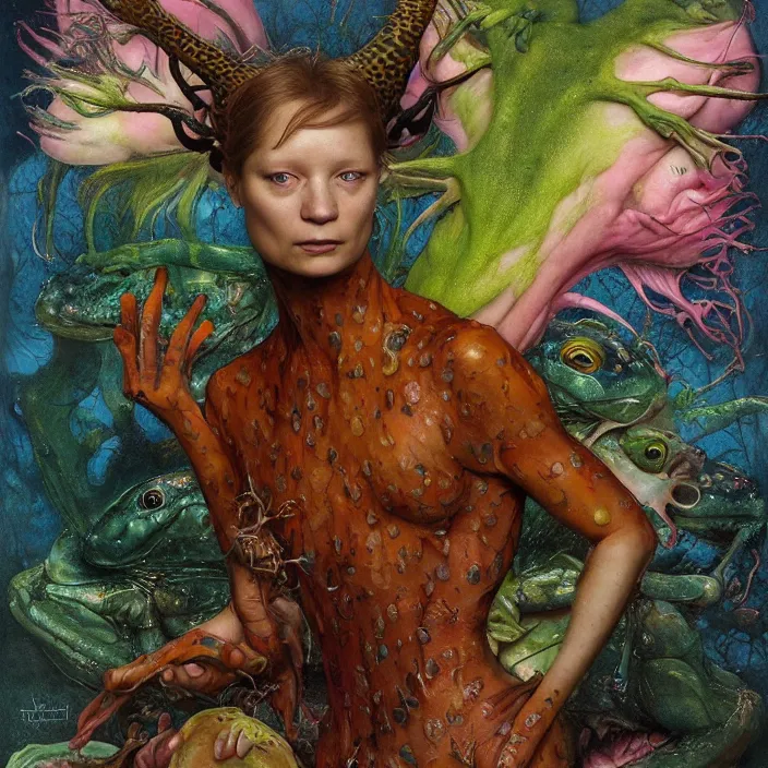 Prompt: a portrait photograph of mia wasikowska as a brightly colored satyr amphibian hybrid with wet mutated skin. wearing a catsuit many body modifications. by tom bagshaw, donato giancola, hans holbein, walton ford, gaston bussiere, brian froud, peter mohrbacher and magali villeneuve. 8 k, cgsociety