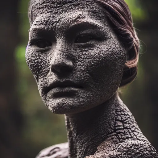 Image similar to beautiful stone woman, lava flowing, exotic trees, bare bark, dark eyes, low angle mist, high octane, frostbite, 8 k, cinematic, 3 5 mm, h 6 4 0