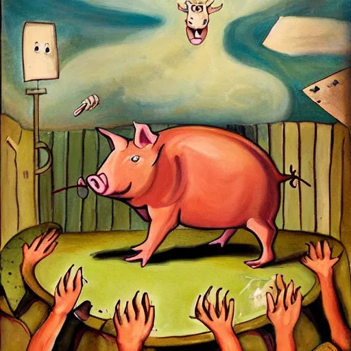 Image similar to an odd painting of a giant hog man summoning a mini devil pig while a rat army runs away