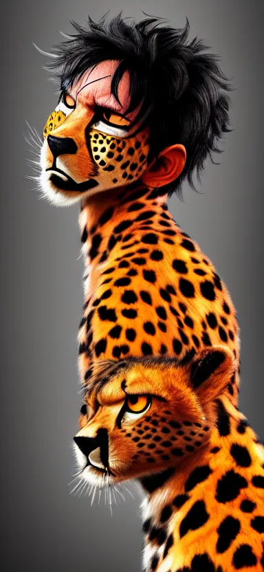 Image similar to a portrait photo of luffy as cheetah, side shot, by professional photographer, 8 k resolution, high quality