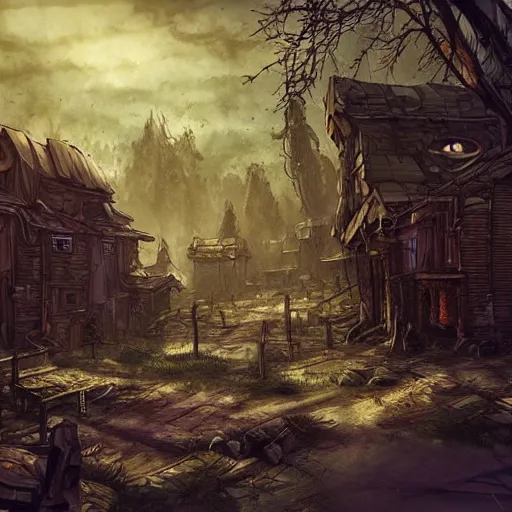 Image similar to A post-apocalyptic village in fairy tale forest in the style of cyberpunk in the style of dark fantasy art Trending on artstation DeviantArt Pinterest detailed Photorealistic HD 8k highlights and shadow detailed High Resolution