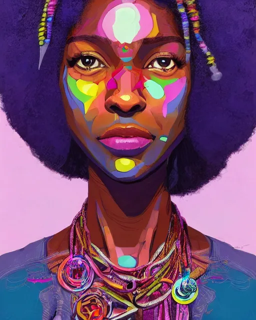 Image similar to colorful character portrait of a black female hippie with natural hair, set in the future 2 1 5 0 | highly detailed face | very intricate | symmetrical | cinematic lighting | award - winning | painted by mandy jurgens | pan futurism, dystopian, bold colors, cyberpunk, groovy 1 9 6 0 s 1 9 7 0 s vibe, anime aesthestic | featured on artstation