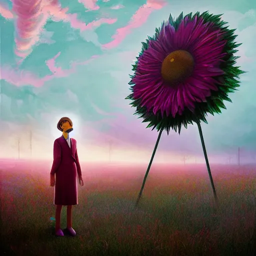 Image similar to giant daisy flower head, frontal, girl in a suit, surreal photography, sunrise, dramatic light, impressionist painting, digital painting, artstation, simon stalenhag