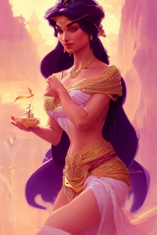 Prompt: Princess Jasmine, fantasy, intricate, elegant, highly detailed, digital painting, artstation, concept art, matte, sharp focus, illustration, art by Artgerm and Greg Rutkowski and Alphonse Mucha