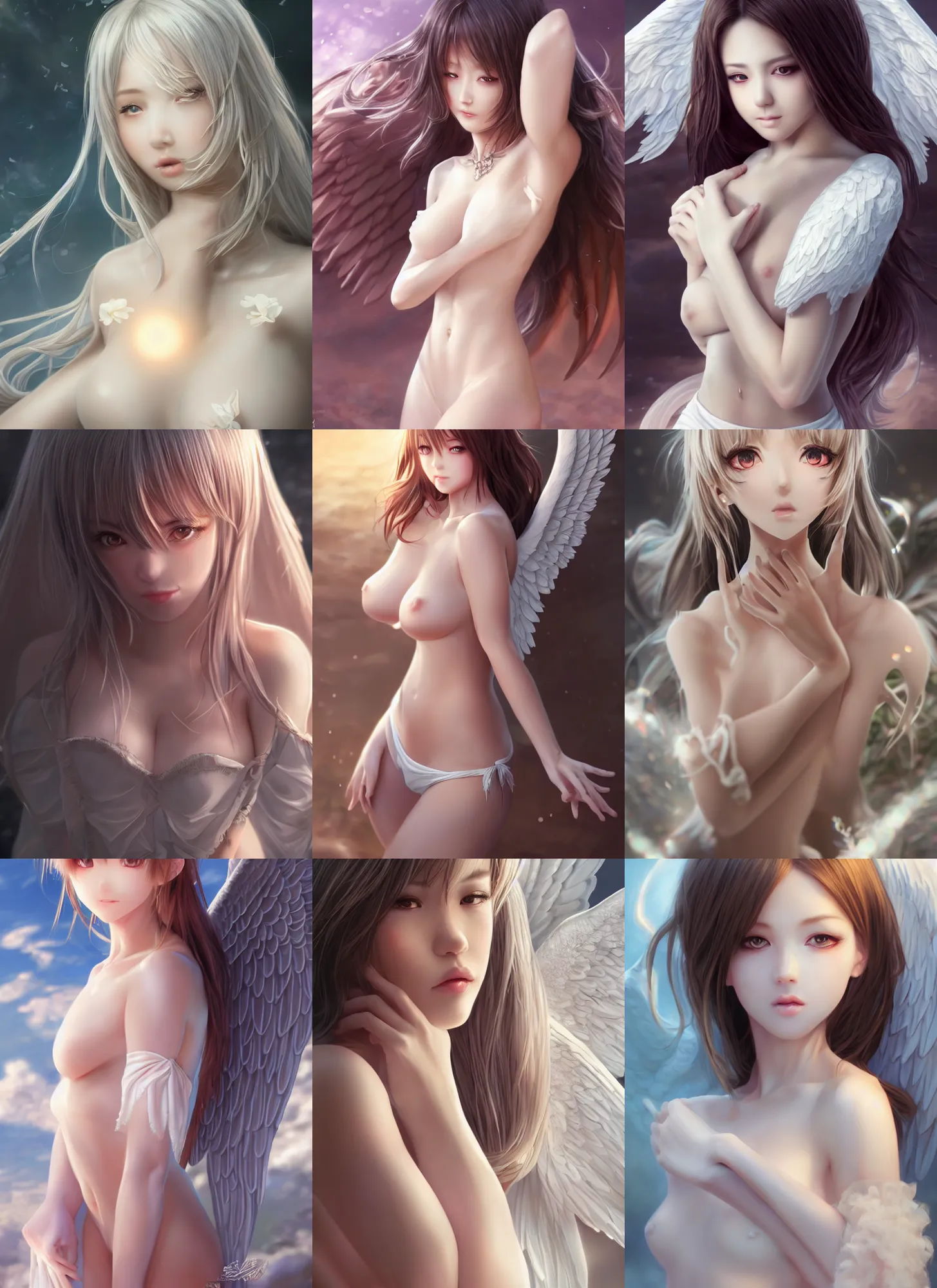 Prompt: detailed full body portrait of alluring angel, anime, fantasy, beautiful, pretty face, detailed body, white eyes, curvaceous, detailed hands and feet, dreamy aesthetic, 4 k, sun yunjoo, ultra realistic, aura of light, cinematic lighting, highly detailed, sharp focus, artstation, masterpiece, art by hyungjin yang