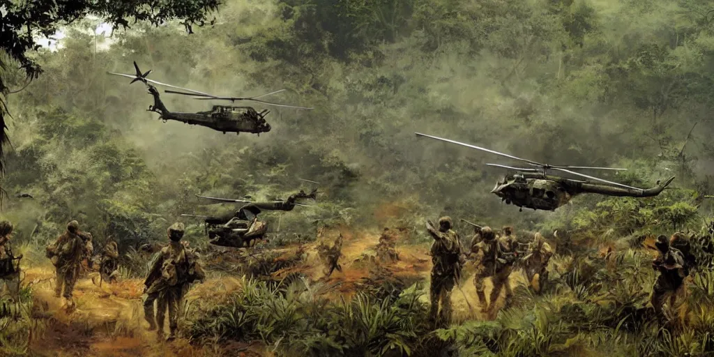 Image similar to vietcong ambushing 3 huey helicopters offloading soldiers in a clearing of a jungle, gritty, realistic, high contrast, cinematic, art by craig mullins