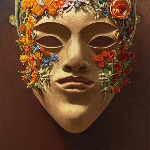 Prompt: masterpiece painting of a facemask made of flowers, by annie swynnerton and jean delville and tino rodriguez and diego rivera, stylized, flower mask, symbolist, dramatic lighting, god rays, elaborate geometric ornament, clean crisp graphics, soft cool colors, smooth sharp focus, extremely detailed