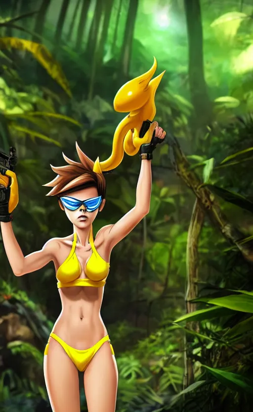 prompthunt: tracer game character, in yellow bikini, blonde hair