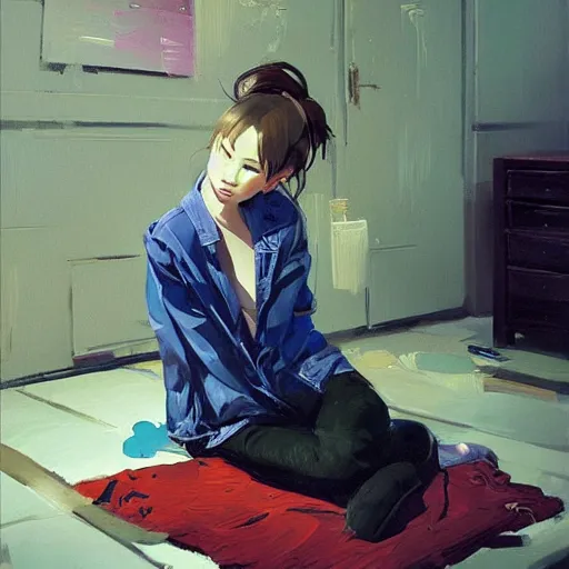 Image similar to A ultradetailed beautiful panting of a stylish girl sitting on the floor of a messy apartment, she is wearing an oversized jacket, Oil painting, by Ilya Kuvshinov, Greg Rutkowski and Makoto Shinkai