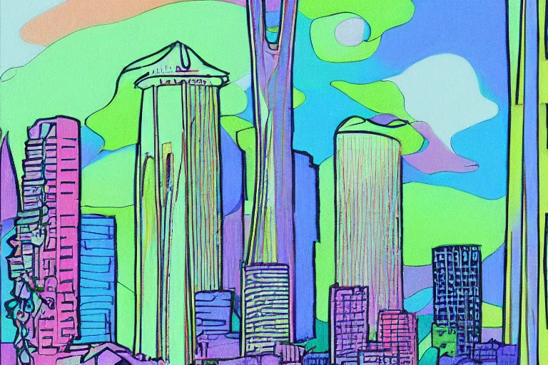 Image similar to !! pastel!! seattle in a sunny day, artwork by tooth wu, colorful contrast,!!!! very coherent!!!!, dark shadow, thick lineart