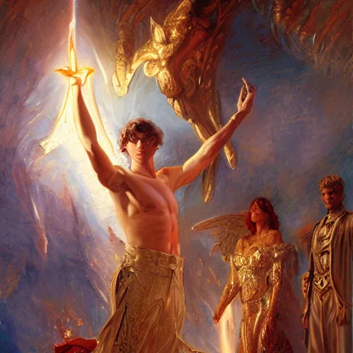 Image similar to attractive male deity casts light spell, summons attractive male lucifer morningstar. highly detailed painting by gaston bussiere, craig mullins, j. c. leyendecker 8 k