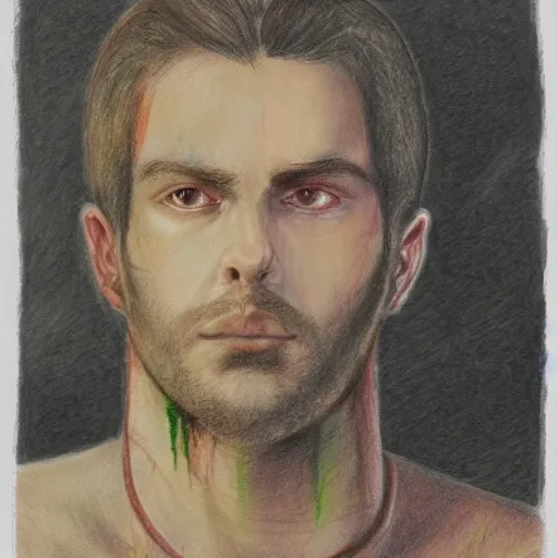 Image similar to self portrait, handsome man with battle scar on his chest holding his sword on his shoulder, pencil art, detailed, handsome, colored, bloody