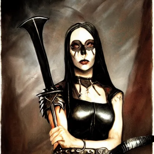 Prompt: portrait of a goth emo girl wearing armor and holding sword by frank fazetta simon bisley, fantasy, barbarian