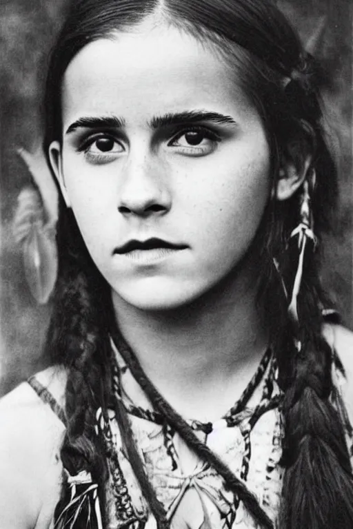 Prompt: Photo of Native American indian woman Emma Watson, portrait, skilled warrior of the Apache, ancient, realistic, detailed, Emma Watson