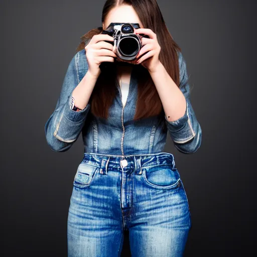 Image similar to a woman in black jacket and jeans holding a camera, a photo by Camille Souter, shutterstock, art photography, studio photography, stylish, black background