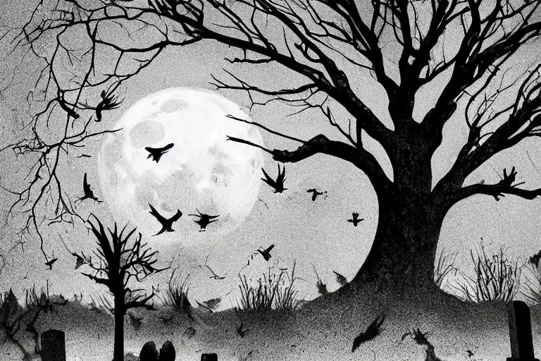 Prompt: a dead hand comes out of the ground in a cemetery, dark night, full moon, crows on the oak tree, highly detailed digital art, photorealistic