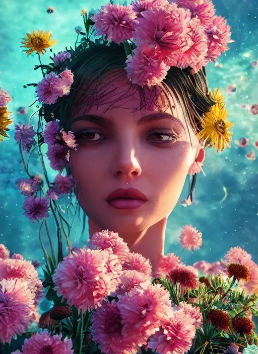 Image similar to An epic fantastic realism comic book style painting of the most beautiful flowers launched across the galaxy, bouquets, fisheye lens, unreal 5, DAZ, hyperrealistic, octane render, dynamic lighting