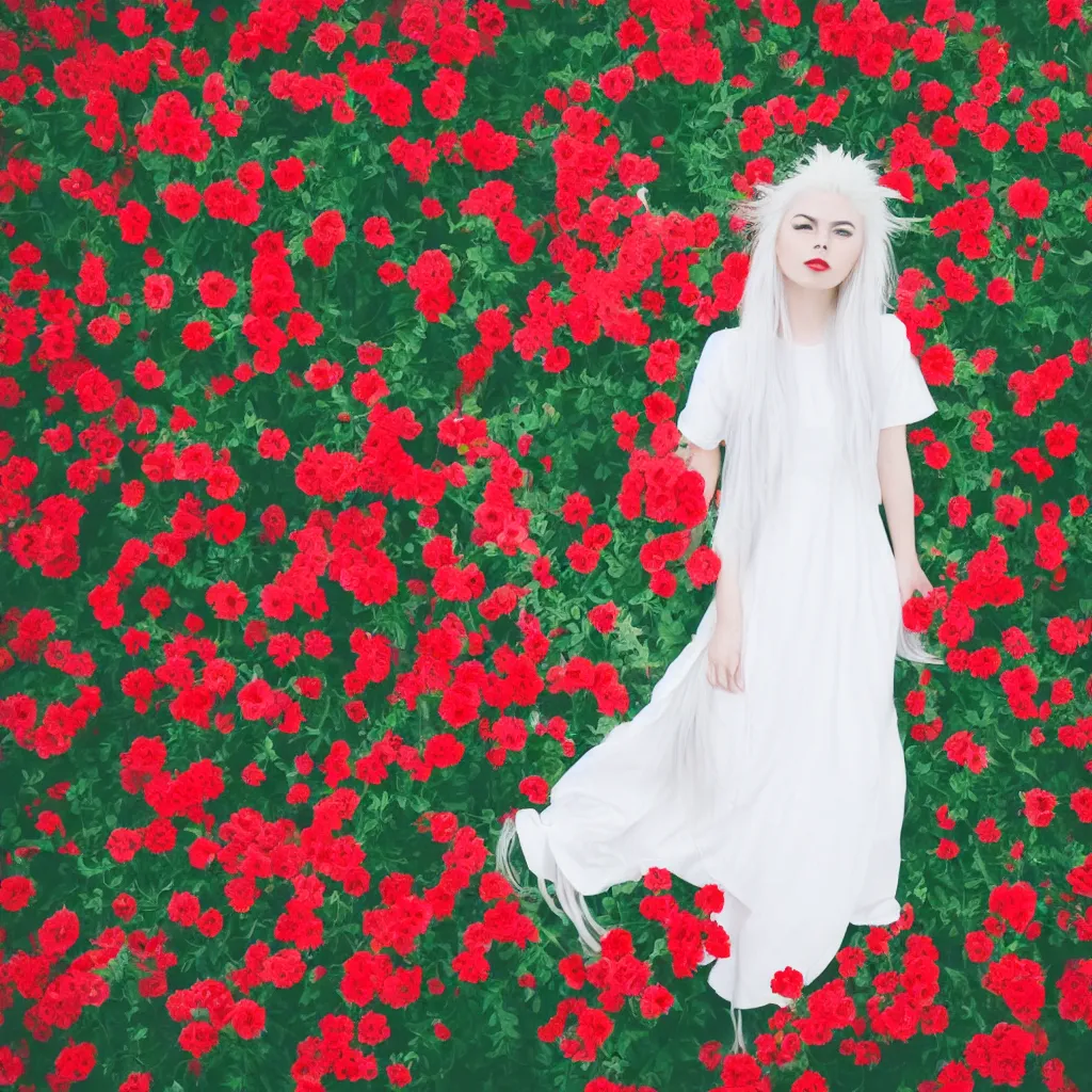 Image similar to girl with white hair in a white dress, red flowers, aesthetics, gradient