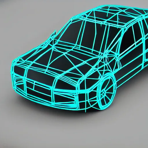 Prompt: molten turquoise covers a transparent car wireframe, digital art