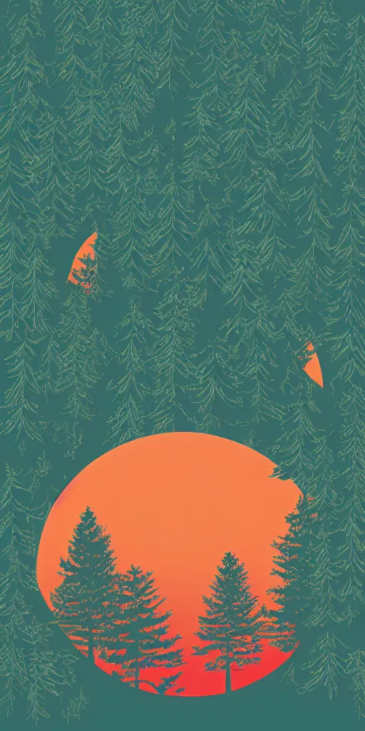 Prompt: shirt design, vector style, a bunch of pines, big red sun, fresh modern look, made with photoshop,