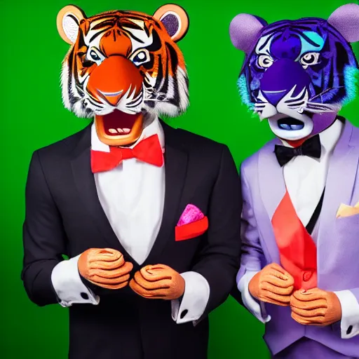 Prompt: two anthropomorphic tiger magicians in flamboyant colorful suits giving commands to their two humans who are doing suits, 4k, live photography, event photography